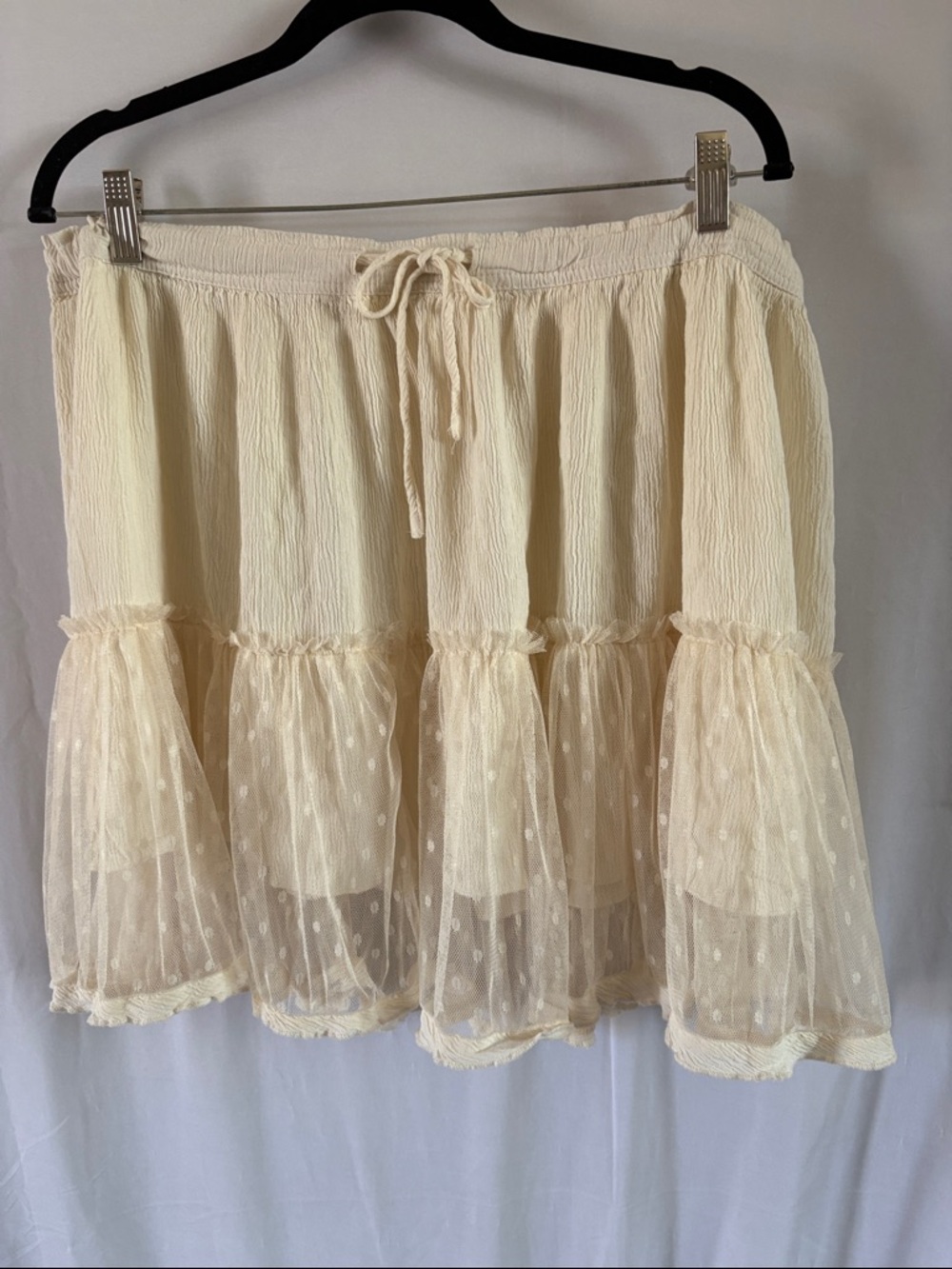 Cream Tiered Skirt with Polka Dot Mesh Trim